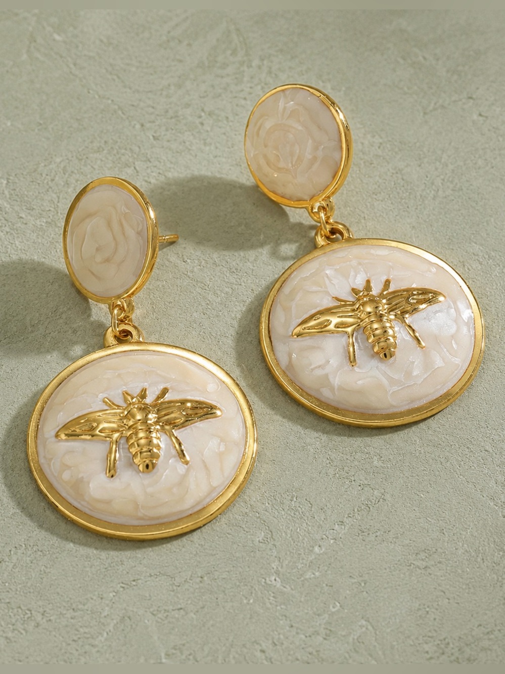 Gold Bee Medallion Drop Earrings – Marbled Statement Earrings